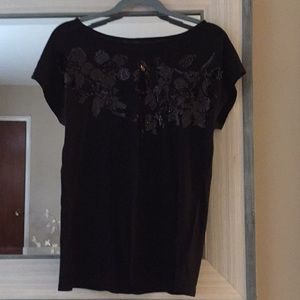 Express bling floral sequin black boat neck tee